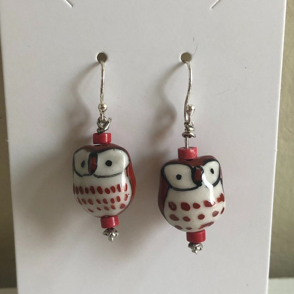 Maroon Owl Earrings with Red Beads!